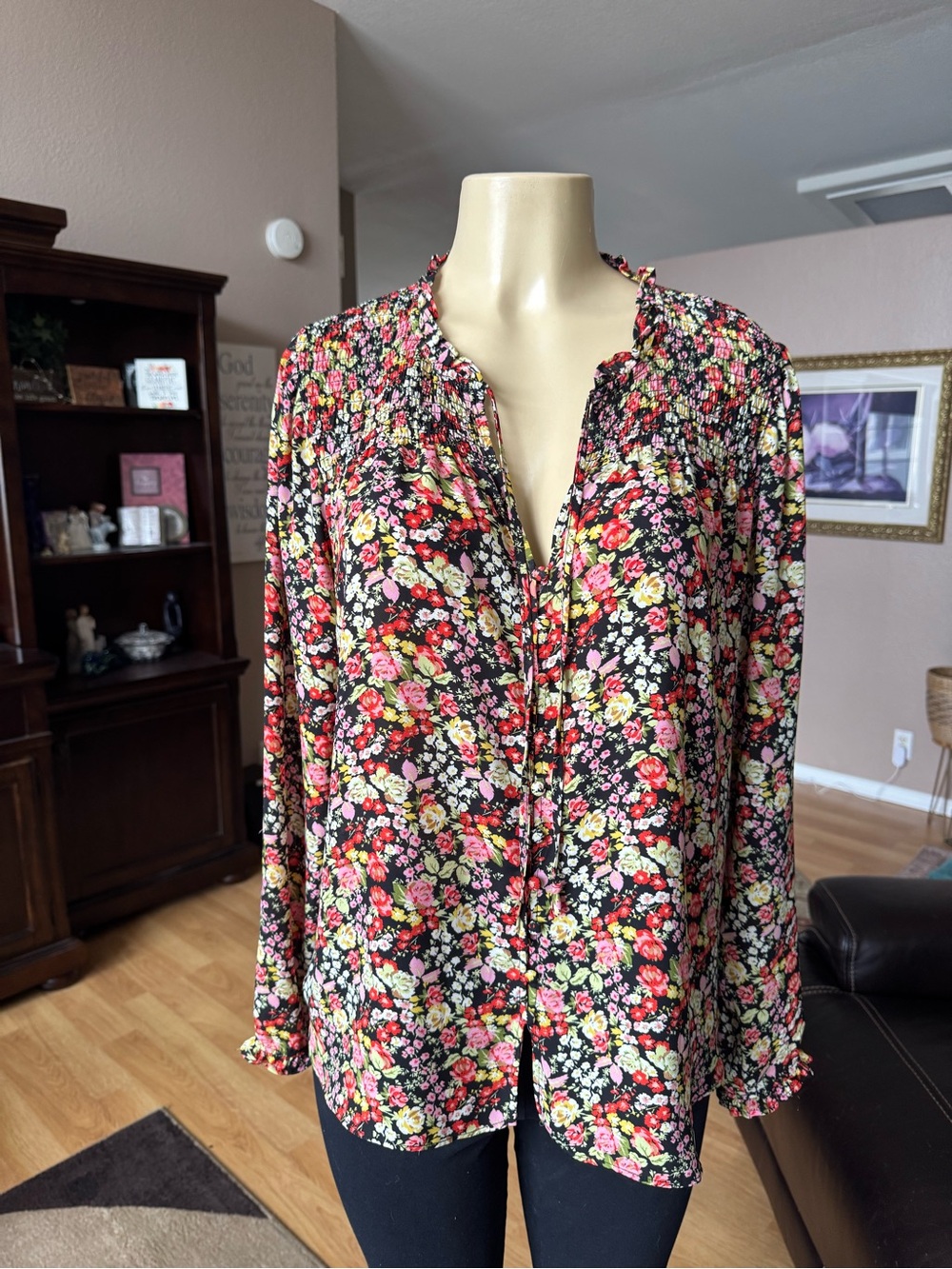 Rose & Olive black floral button front V-neck that ties blouse-size L